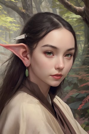 art by Gerald Brom in the style of paolo roversi, rimgramm is a young female wood elf, Serious expression, slim, ((dressed in dark brown, green, tan and russet)), delicate features, finely chiseled features, Eyes set close together, ((light brown eyes)), very long hair, waist length hair, ((brown hair)), Pale skin, ((pointed ears)), high cheekbones, Sharp features, Sharp features and Upturned eyebrows, in a forest,