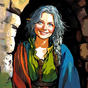 art by jock sturges and Larry Elmore, A Smiling female hobbit tourist with Blue eyes, Grey hair, ruddy Normal skin , and small eyes, colorful clothing, in a dungeon