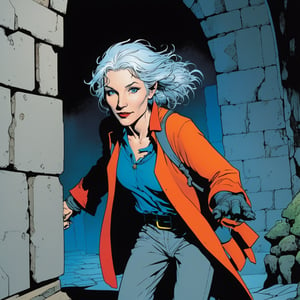 art by Frank Miller in the style of Frank Miller, A Carefree female hobbit with Blue eyes, Grey hair, ruddy Normal skin , colorful clothing, robber in a dungeon