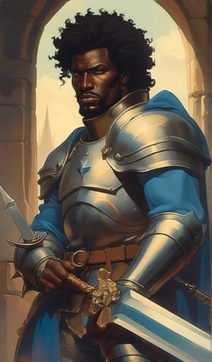 art by Frank Miller in the style of Frazetta, A Serious male armored knight, human with Blue eyes, Brown hair, Black skin, and Eyes Set Far Apart, in a dungeon