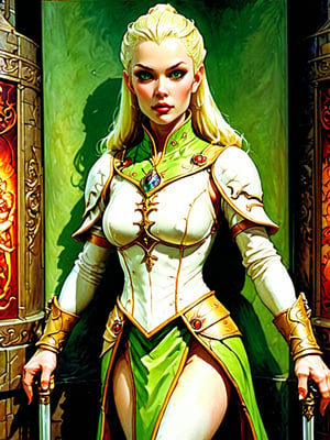 art by Gerald Brom and boris vallejo, An Aloof female cleric in a dungeon, half-elf, Monolid, Light green eyes, Light Blond hair, Pale skin, asian,comic book