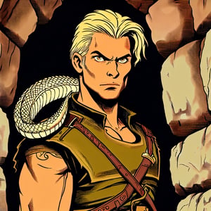 art by Frank Miller and Angus McBride, A Serious male human ranger with Golden eyes, Blonde hair, Tanned skin, Upturned Eyebrows, Wide Nose, dressed in leather, with a rattlesnake, in a dungeon