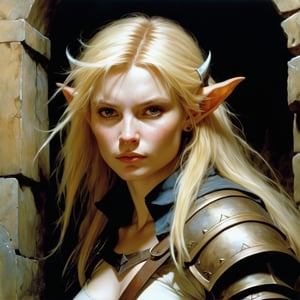 art by Brian Froud in the style of Frazetta, A Cold female fighter, human with Brown eyes, Blonde hair, Pale skin, Small Jaw, Small Ears and Upturned Eyebrows, in a dungeon