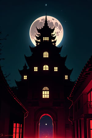 una china en el tejado de su casa a media noche a la luz de la luna llena con un fonde de terror 