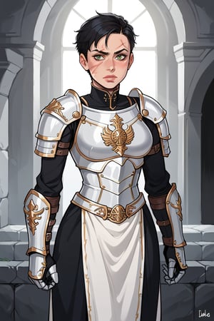 In a dimly lit, old castle clearing, a 45-year-old milf stands proudly in full armor, her white skin glistening beneath the soft glow of lanterns. Her short, pixie-cut black hair frames her striking features, with piercing green eyes and a strong, slim physique. She wears a white armored dress, adorned with green details, and dons gauntlets with intricate designs. A warhammer rests in her hand, its power evident in the way she holds it. The upper body of her armor is emblazoned with a breastplate, while the lower body features knee-high gauntlets and shin guards. Scars dot her skin, testifying to countless battles fought