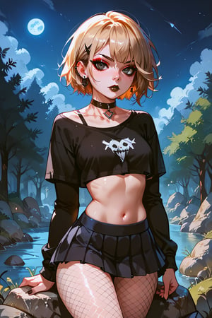 score_9, score_8_up, score_7_up, score_6_up, stuningly beautiful female focus, realism, high quality, best quality, 1girl, solo, petite build, perfect anatomy, perfect hands (:1.9) blonde hair (:1.9), midriff_peek, ((very petite breasts)), fishnet pantyhose, blonde hair, short hair, teen, intense blue eyes, emo, make up, facing viewer, high detail, detailed, rock show, black miniskirt, microskirt, pleated skirt, narrow waist, skinny, wide hips, (((black choker))), loli, collarbone, hair between eyes, night, (((black lipstick))), Rock and Roll