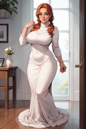 score_9, score_8_up, score_7_up, score_6_up, raw photo, full body view, full body, ((Beautiful mature woman 45 years old. Wavy red hair, ponytail, glasses, radiating seriousness)), wide hips, strong thighs, long red hair, long skirt, 1 girl, Beautiful woman, (((beautiful and beautiful face))) (((green eyes))) ((detailed face)) (((big and heavy breasts))) (((hot and beautiful women))), orange hair, hair elastic, perfect breasts, (perfect hands, perfect anatomy), anatomically correct, beautiful face, detailed hands, perfect eyes, expressive eyes, Detailed face, detailed eyes, real hands, (((pigtails))), megane, meganekko, hyper-realistic, chubby, love handles, librarian, white sweater, long black skirt, tights