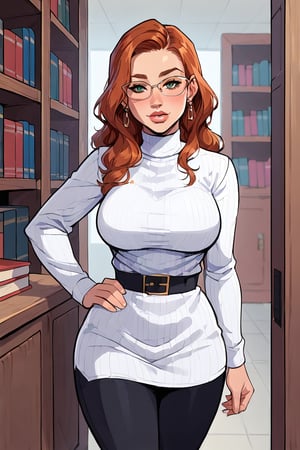 A stunning scene unfolds: a beautiful mature woman, 45 years old, with wavy red hair tied in pigtails and glasses, exudes seriousness in a american shot view. Her wide hips and strong thighs are accentuated by her long, flowing red locks. She stands alone, a vision of loveliness in a white sweater, long black skirt, and tights, surrounded by the quiet atmosphere of a library ((library)). The lighting is soft and gentle, with a subtle warmth that highlights the curves of her figure. Her beautiful face, with expressive green eyes and detailed features, radiates confidence. Her perfect breasts are the focal point, with a slight emphasis on her love handles, adding to her endearing librarian persona. A hair elastic secures her pigtails in place, while her hands, perfectly proportioned and anatomically correct, rest gently at her sides. The overall effect is one of hyper-realistic beauty, as if plucked straight from a fantasy novel.