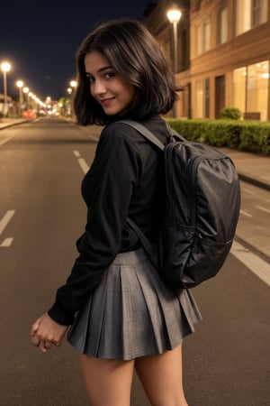 A photorealistic portrait of an 22-year-old Indian girl with captivating beauty, her hair styled in a chic bob and dyed , dressed in a skirt, shirt, black hair, hair ornament, long sleeves, dress, 2girls, school uniform, white shirt, pleated skirt, black skirt, bag, from behind, two side up,Big tits. The background should depicting ,  outdoors, sky, shoes, socks,  tree, night, holding hands, backpack, building, sneakers, star \(sky\), night sky, scenery, starry sky, walking, shoulder bag, city, sign, road, lamppost, street, midjourney, perfect face,, with soft lighting. proper fingers and skinny legs, no damage hands,The girl's expression should be smiling and contentment, showcasing her enjoyment of the moment , bold look, thick thighs,

,SD 1.5