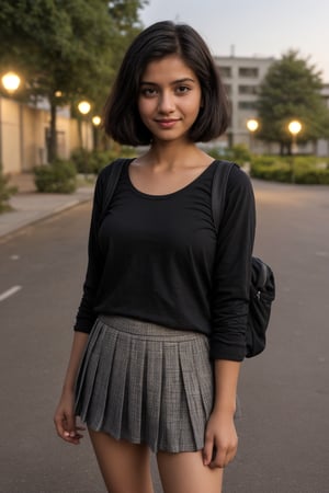 A photorealistic portrait of an 22-year-old Indian girl with captivating beauty, her hair styled in a chic bob and dyed , dressed in a pattern black top and cotton shorts that highlight her natural beauty. Big tits. The background should depicting , skirt, shirt, black hair, hair ornament, long sleeves, dress, 2girls, school uniform, white shirt, pleated skirt, outdoors, sky, shoes, socks, black skirt, bag, from behind, two side up, tree, night, holding hands, backpack, building, sneakers, star \(sky\), night sky, scenery, starry sky, walking, shoulder bag, city, sign, road, lamppost, street, midjourney, perfect face,, with soft lighting. proper fingers and skinny legs, no damage hands,The girl's expression should be smiling and contentment, showcasing her enjoyment of the moment , bold look, thick thighs,

,SD 1.5