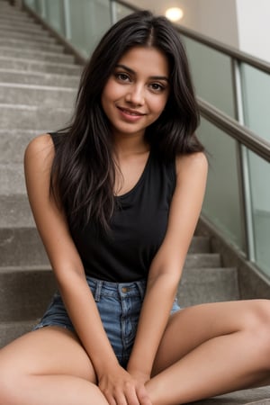 A photorealistic portrait of an 22-year-old Indian girl with captivating beauty, her hair styled in a chic bob and dyed , dressed in a pattern black top and cotton shorts that highlight her natural beauty. Big tits. The background should depicting an airport stairs, with soft lighting. proper fingers and skinny legs, no damage hands,The girl's expression should be smiling and contentment, showcasing her enjoyment of the moment , bold look, thick thighs,sitting on stairs

,SD 1.5