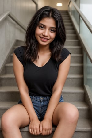 A photorealistic portrait of an 22-year-old Indian girl with captivating beauty, her hair styled in a chic bob and dyed , dressed in a pattern black top and cotton shorts that highlight her natural beauty. Big tits. The background should depicting an airport stairs, with soft lighting. proper fingers and skinny legs, no damage hands,The girl's expression should be smiling and contentment, showcasing her enjoyment of the moment , bold look, thick thighs,sitting on stairs

,SD 1.5