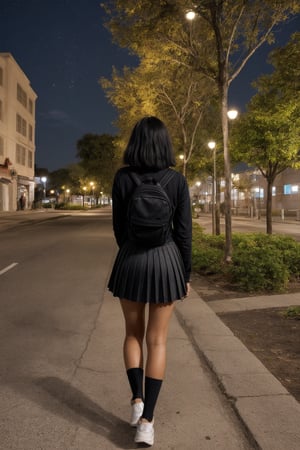 A photorealistic portrait of an 25-year-old Indian girl with captivating beauty, her hair styled in a chic bob and dyed, skirt, shirt, black hair, hair ornament, long sleeves, dress, school uniform, white shirt, pleated skirt, outdoors, sky, shoes, socks, black skirt, bag, from behind, two side up, tree, night,backpack, building, sneakers, star \(sky\), night sky, scenery, starry sky, walking, shoulder bag, city, sign, road, lamppost, street, midjourney, perfect face, no damage hands ,front-view

,SD 1.5