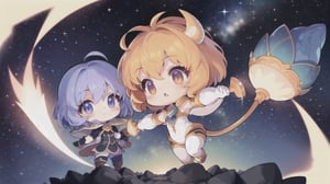 A chibi adventurer stands tall, two heads high, with a determined gaze. In a sea of starry night sky, their small figure is framed against a vast expanse of twinkling lights. The soft glow illuminates their rosy cheeks and brightens their sparkling eyes. A tiny cape flows behind them like a comet's tail, as they reach for the stars.