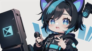 Only one character. A super deformed, chibi character with short black hair featuring vibrant blue highlights and sparkling twinkle eyes shines brightly against a cyberpunk backdrop. He dons a Cyberpunk long black hoodie, accentuating her boyish charm and striking blue eyes. It has cat ears on its head.
With microphone in hand, He belts out a tune, Him whole body showcased in a dynamic composition that captures the essence of a futuristic performance.