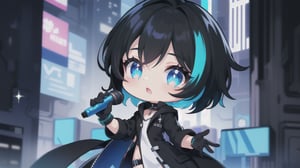 A super deformed, chibi character with short black hair featuring vibrant blue highlights and sparkling twinkle eyes shines brightly against a cyberpunk backdrop. She dons a long black coat, accentuating her boyish charm and striking blue eyes. With microphone in hand, she belts out a tune, her whole body showcased in a dynamic composition that captures the essence of a futuristic performance.