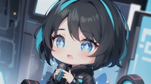 A super deformed, chibi character with short black hair featuring vibrant blue highlights and sparkling twinkle eyes shines brightly against a cyberpunk backdrop. She dons a long black coat, accentuating her boyish charm and striking blue eyes. With microphone in hand, she belts out a tune, her whole body showcased in a dynamic composition that captures the essence of a futuristic performance.