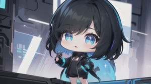 A super deformed, chibi character with short black hair featuring vibrant blue highlights and sparkling twinkle eyes shines brightly against a cyberpunk backdrop. She dons a long black coat, accentuating her boyish charm and striking blue eyes. With microphone in hand, she belts out a tune, her whole body showcased in a dynamic composition that captures the essence of a futuristic performance.