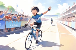 A young boy riding his bicycle through a cheering crowd at the finish line of a race