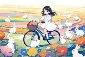 A very little girl on a bicycle, smiling. She has black hair and blue eyes. She is ridng through the middle a huge field that is filled with colourful flowers as far as the eye can see. Add ten white rabbits. Add flowers in bicycle basket