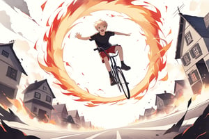 A very young boy wearing red shorts and a black t-shirt riding his bicycle into the air and through a giant ring of fire. The picture captures the boy just as he is going through the middle of the ring of fire. The backdrop is a road with houses down the side. The boy looks excited and fearless