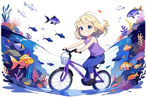 A 5 year old little western girl with blonde hair and blue eyes, wearing blue trousers, a purple top and black shoes, riding a purple bicycle at the bottom of the sea. There are many different kind of colourful fish and plants in the background. The girl looks happy.