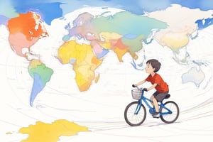 a colour map of planet earth with a little boy riding a sports bicycle