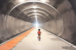 A 5 year old boy with black hair, wearing black trousers, a red t-shirt and white trainers. The boy is riding an orange bicycle through the longest concrete tunnel in the world. The tunnel is dark with lights on the walls and the far end of the tunnel is black. 