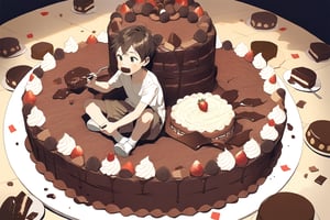 young boy with brown hair, wearing dark brown shorts and a cream coloured t-shirt, sitting inside a gigantic chococlate cake, covered in chocolate, eating the cake