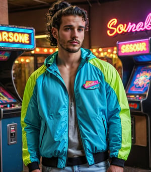 Generate hyper-realistic, hyper deatiled image of male model of 22 yrs, full broad chest, black curly hair, styled in ponytail, eye color black, heavy body shape, bold figure, exudes a sense of allure with every glance, has light beard,
A man wearing a bright neon windbreaker, acid-washed jeans, and chunky sneakers, standing in front of an old-school arcade, bathed in neon lights.
giving a sexy eye contact, atheletic  body figure, front view picture, beautiful face, confident approach, epicrealism, photorealistic