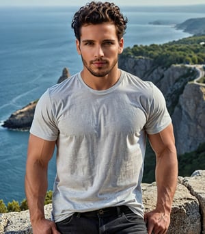 Generate hyper-realistic, hyper deatiled image of male model of 22 yrs, full broad chest, black curly hair, styled in ponytail, eye color black, heavy body shape, bold figure, exudes a sense of allure with every glance, has light beard,
A man wearing   a fitted t-shirt, jeans, and white sneakers, standing on a cliff with his hands wide apart, casual and confident. full body shot,
giving a sexy eye contact, atheletic  body figure, front view picture, beautiful face, confident approach, epicrealism, photorealistic