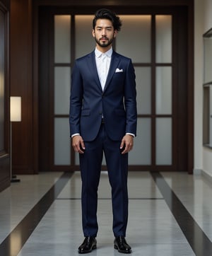 Generate hyper-realistic, hyper detailed image of a handsome young man of 24 years, fair skin color, has black curly hair styled in a ponytail,  has facial beard,  has muscular body,  standing 5"10' feet tall, broad shoulders, 

wearing tailored navy blue suit, crisp white dress shirt, and polished black oxford shoes, standing confidently in lobby of a corporate office building,  his body is facing camera, 

The camera captures him in a half-body shot with a 35mm lens, focusing on the man's beauty details, and details of his outfit and the surrounding environment. The lighting contrasts with the dark areas of poorly lit area of picture. 
The image has an 8K resolution, which highlights the details of the background and the textures of the young man's outfit.,ek_ph0t0_b00ster, enhanced all
