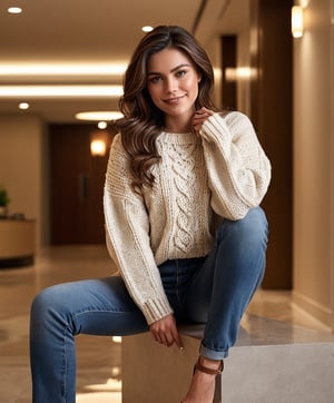 Generate hyper-realistic, hyper detailed image of a female model in sweater and jeans, posing in her lobby at evening

