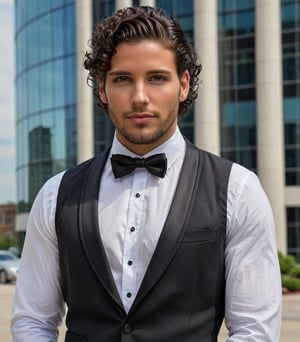 Generate hyper-realistic, hyper deatiled image of male model of 22 yrs, full broad chest, black curly hair, styled in ponytail, eye color black, heavy body shape, bold figure, exudes a sense of allure with every glance, has light beard,
A man wearing  a Black suit with a bow tie, crisp white dress shirt, and polished black oxford shoes, standing confidently in front of a corporate office building.
giving a sexy eye contact, atheletic  body figure, front view picture, beautiful face, confident approach, epicrealism, photorealistic