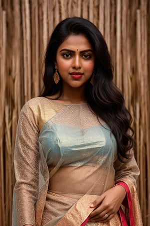 amala paul, highly detailed beautiful organic molding, analog style (look at viewer:1.2) (skin texture) (film grain:1.3), (warm hue, warm tone) ,(masterpiece, best quality, ultra-detailed, 8K),high detail, realisitc detailed, a beautiful young mature arabic women curvy body with long flowy black hair over shoulders in the dark, wearing a full tight indian lacy net multi color saree fully see through dress in wedding palace tempting manner, blue eyes, pale soft skin, kind smile, glossy lips, a serene and contemplative mood, red lips,hd makeup,Indian,(blue eyes)(temptaation shy manner)
