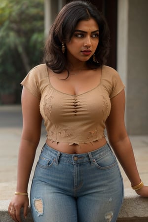 amala paul,  highly detailed beautiful organic molding, analog style (look at viewer:1.2) (skin texture) (film grain:1.3), (warm hue, warm tone), (((Sexy tamil girl))),glamour, (((a chubby tamil indian woman with torn jeans))), a printed T-shirt, short hair and a confident look, a red lipstick, a round big chest, standing straight and looking straight ahead, ((Super-class beauty, super-class sexy beauty)), thigh, a semi-realistic image, Long hair, Beautifull girl, beautifull face, beautifull look, impressionist style Razumov Style, detailed clothing, see-through camisole, beautiful face, intricate artwork masterpiece, high quality model