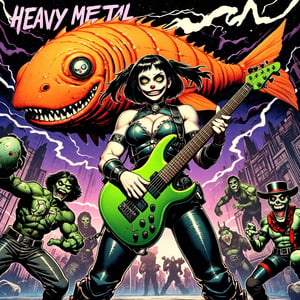 Fantastic and beautiful HEAVY METAL album art, album jacket art,
The words "HEAVY METAL" written in a strong, sharp, heavy font are placed at the top of the screen. (a huge monster orange puffer fish, with spikes, inflated, flyings) on a city sky.
80's American comic style, a muscular Buttercup, (from the power puff girls), bobcut hair, black hair, straight hair, (no twin ponytails on hair),(no twin tails on hair),(no bun),(no ponytails), straight bangs, big light green eyes, open eyes, serius eyes, biting lips mouth, full dark gothic make up,(face with a mask like the slipknot band masks), wearing sexy armor light green+black, holds up a green+light orange electric bass, Lightning strikes flowing across the screen, slims thugs green skin, rocking back her, (skinny, clown mime, all in black and white, striped, long sleeves, shirt, black pants, curly hair at the sides, tiny black hat, rocking back to her), stars on sky background,DonM7w1573dW0nd3rl4ndFX,lyh