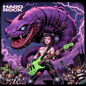 Fantastic and beautiful HARD ROCK album art, album jacket art,
The words "HARD ROCK" written in a strong, sharp, heavy font are placed at the top of the screen. (huge and gigantic violet worm,with three blue oval eyes, and dark brown horns on worn head, with a dark purple chest and belly, flyings) on a city sky.
80's American comic style, a muscular Buttercup, (from the power puff girls), bobcut hair, black hair, straight hair, (no twin ponytails on hair),(no twin tails on hair),(no bun),(no ponytails),(no brown hair), straight bangs, loose hair, big light green eyes, open eyes, serius eyes, biting lips mouth, full dark gothic make up, wearing sexy armor light green+black, holds up a green+light orange electric bass, Lightning strikes flowing across the screen, (slims thugs green skin, rocking back her), (skinny, clown mime, all in black and white, horizontal stripes shirt, long sleeves, black pants, curly hair at the sides, tiny black hat, rocking back to her),(cockroach men,6 amrs, rocking), clouds on sky background,DonM7w1573dW0nd3rl4ndFX,lyh