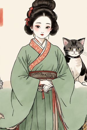 Q-version, charmingly silly, with extremely fine ink lines outlining the edges, ultra high definition, Tang Dynasty lady image, flat illustration, cardamom girl, chubby, cute, short in stature, minimalist, cute, lively and lovely, round face, big eyes, small mouth, very lively, with a lively cat behind, light and elegant clothes, exquisite patterns on top, smooth and beautiful lines, soft and perfect facial features, Tang Dynasty clothing, fluffy high bun, green long skirt, ultra high definition, reasonable body language, new gongbi, ink portrait, soft light and light color, romantic ancient style, glass candy paper, line art, ultra high definition, clear edges, unique style expression

