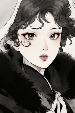 Ink portrait, martial arts comic, half body, with a veil of thin gauze on the screen, hazy. The girl has curly hair, big eyes, thick lips, fair skin, beautiful appearance, and a delicate appearance. She is wearing a black coat with a fur collar, hazy and gorgeous, alphonse mucha,Nier Automata, Miho Hirano,Yoh Nagao