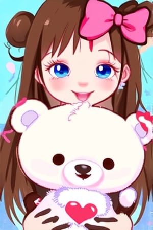 1girl, teddy bear, stuffed toy, solo, stuffed animal, brown hair, blue eyes, pink bow, smile, heart, bow, long hair, looking at viewer, hair bow, blush, holding stuffed toy, holding