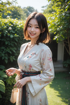 A stunning Japanese beauty poses in a lush botanical garden on a bright, sunny day. She wears a vibrant traditional embroidered dress adorned with intricate black, red, and green patterns, her blonde hair shining under the warm light. Her radiant smile captures the essence of joy as she stands amidst a tapestry of colorful flowers, the gentle breeze rustling the petals in harmony with her carefree laughter.,flashphoto