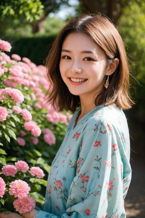 In a vibrant botanical garden, a stunning Japanese beauty poses amidst a kaleidoscope of flowers on a bright, sunny day. She wears a traditional embroidered dress in black, red, and green patterns, her blonde hair shining under the warm light. Her radiant smile, like the sun, illuminates the scene as she stands surrounded by colorful blooms, their petals gently rustling in harmony with her carefree expression. The camera captures her joyous essence in a flash of light, freezing the moment forever,flashphoto