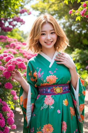 In a vibrant botanical garden, a stunning Japanese beauty poses amidst a kaleidoscope of flowers on a bright, sunny day. She wears a traditional embroidered dress in black, red, and green patterns, her blonde hair shining under the warm light. Her radiant smile, like the sun, illuminates the scene as she stands surrounded by colorful blooms, their petals gently rustling in harmony with her carefree expression. The camera captures her joyous essence in a flash of light, freezing the moment forever,flashphoto