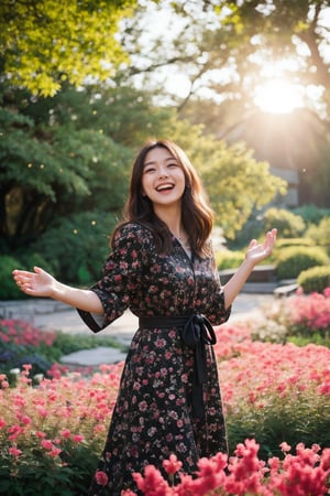 In a vibrant botanical garden, a stunning Japanese beauty poses amidst a kaleidoscope of flowers on a bright, sunny day. She wears a traditional embroidered dress in black, red, and green patterns, her blonde hair shining under the warm light. Her radiant smile, like the sun, illuminates the scene as she stands surrounded by colorful blooms, their petals gently rustling in harmony with her carefree expression. The camera captures her joyous essence in a flash of light, freezing the moment forever,flashphoto