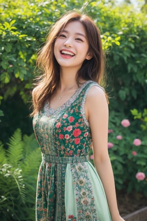 A stunning Japanese beauty poses in a lush botanical garden on a bright, sunny day. She wears a vibrant traditional embroidered dress adorned with intricate black, red, and green patterns, her blonde hair shining under the warm light. Her radiant smile captures the essence of joy as she stands amidst a tapestry of colorful flowers, the gentle breeze rustling the petals in harmony with her carefree laughter.,flashphoto