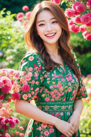 In a vibrant botanical garden, a stunning Japanese beauty poses amidst a kaleidoscope of flowers on a bright, sunny day. She wears a traditional embroidered dress in black, red, and green patterns, her blonde hair shining under the warm light. Her radiant smile, like the sun, illuminates the scene as she stands surrounded by colorful blooms, their petals gently rustling in harmony with her carefree expression. The camera captures her joyous essence in a flash of light, freezing the moment forever,flashphoto