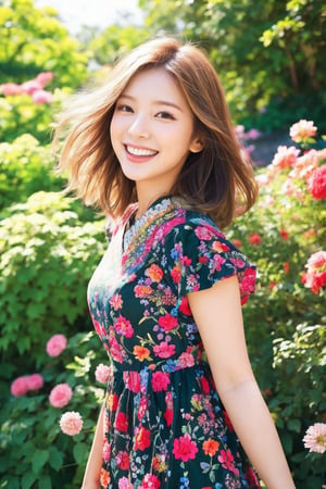 In a vibrant botanical garden, a stunning Japanese beauty poses amidst a kaleidoscope of flowers on a bright, sunny day. She wears a traditional embroidered dress in black, red, and green patterns, her blonde hair shining under the warm light. Her radiant smile, like the sun, illuminates the scene as she stands surrounded by colorful blooms, their petals gently rustling in harmony with her carefree expression. The camera captures her joyous essence in a flash of light, freezing the moment forever,flashphoto