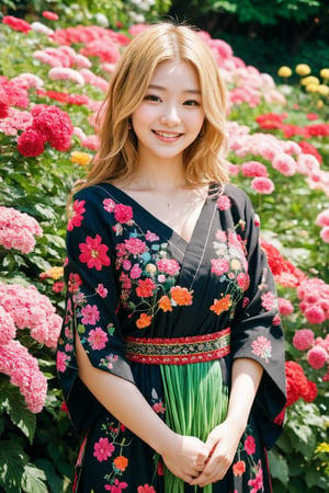 In a vibrant botanical garden, a stunning Japanese beauty poses amidst a kaleidoscope of flowers on a bright, sunny day. She wears a traditional embroidered dress in black, red, and green patterns, her blonde hair shining under the warm light. Her radiant smile, like the sun, illuminates the scene as she stands surrounded by colorful blooms, their petals gently rustling in harmony with her carefree expression. The camera captures her joyous essence in a flash of light, freezing the moment forever,flashphoto