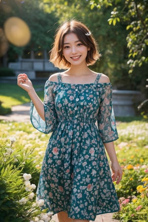 In a vibrant botanical garden, a stunning Japanese beauty poses amidst a kaleidoscope of flowers on a bright, sunny day. She wears a traditional embroidered dress in black, red, and green patterns, her blonde hair shining under the warm light. Her radiant smile, like the sun, illuminates the scene as she stands surrounded by colorful blooms, their petals gently rustling in harmony with her carefree expression. The camera captures her joyous essence in a flash of light, freezing the moment forever,flashphoto